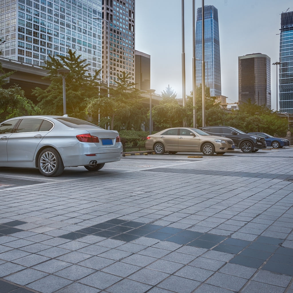 parking space front of modern office building in China.